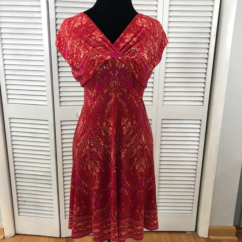 Jones New York empire waist dress in warm tones.